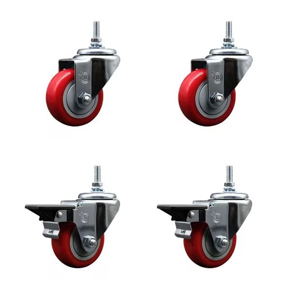 3 Inch Red Polyurethane 12 MM Threaded Stem Caster Set 2 Brakes SCC, Service Caster, Mfr#: SCC-TS20S314-PPUB-RED-M1215-2-PLB-2